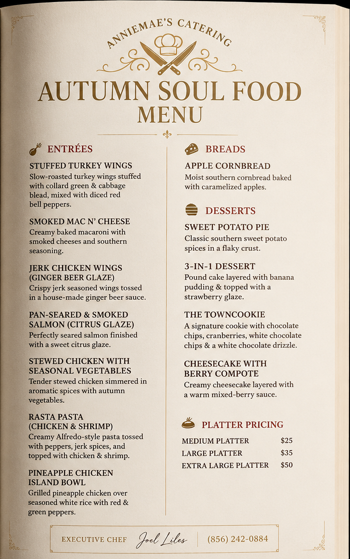 Annie Mae's Catering Autumn Soul Food cookbook menu
