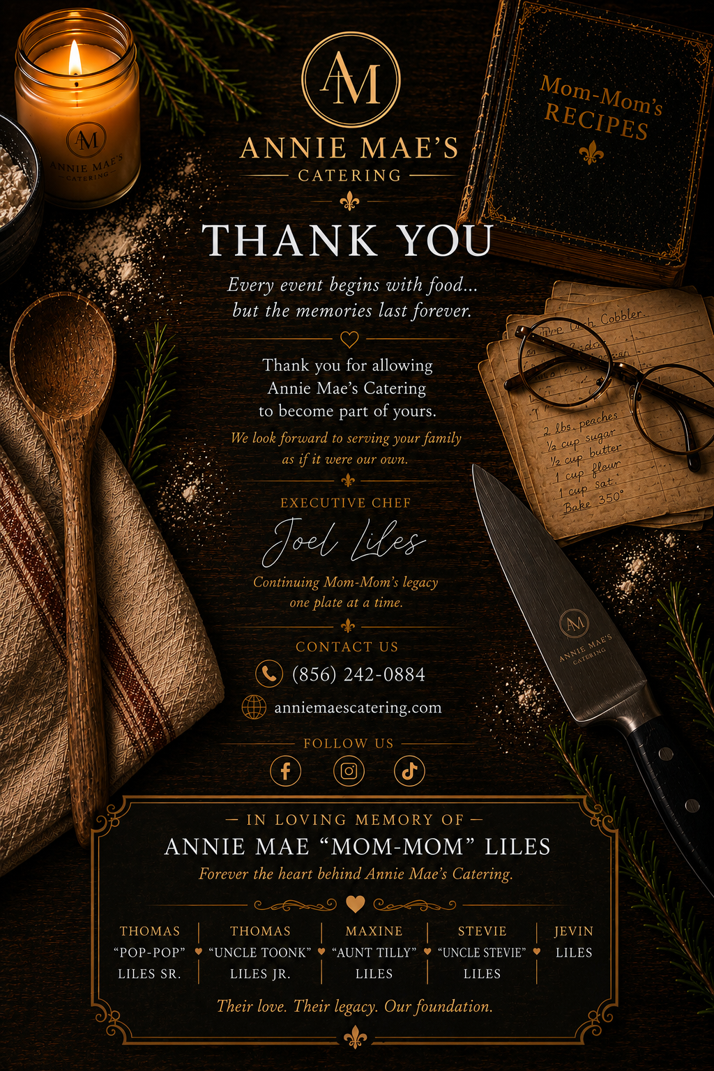 Annie Mae's Catering thank you back cover honoring Annie Mae Mom-Mom Liles and family legacy